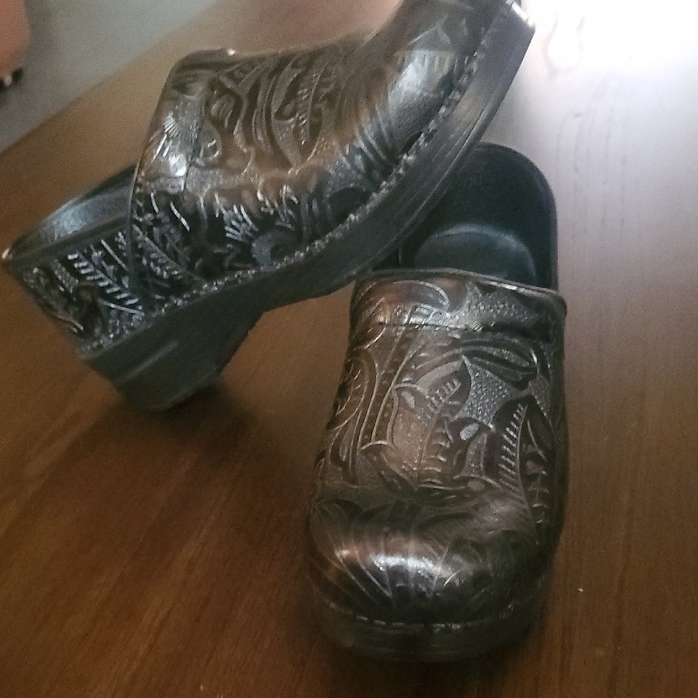Dansko Black Embossed Leaf Pattern Clogs - image 2